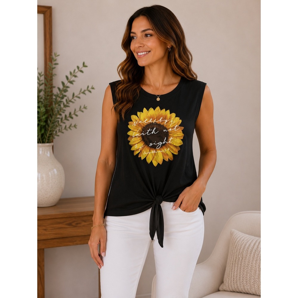 Dirtee Laundry Sunflower Walk By Faith Not By‎ Sight Tie Front Tank Top Medium